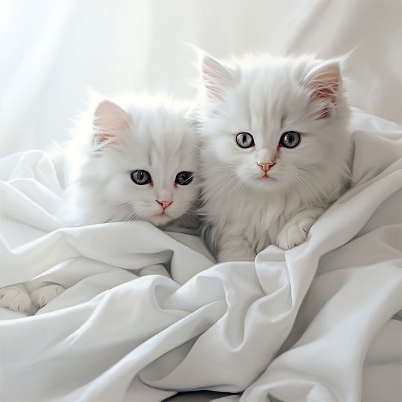Adorable furry kittens in white silk canvas studio photography