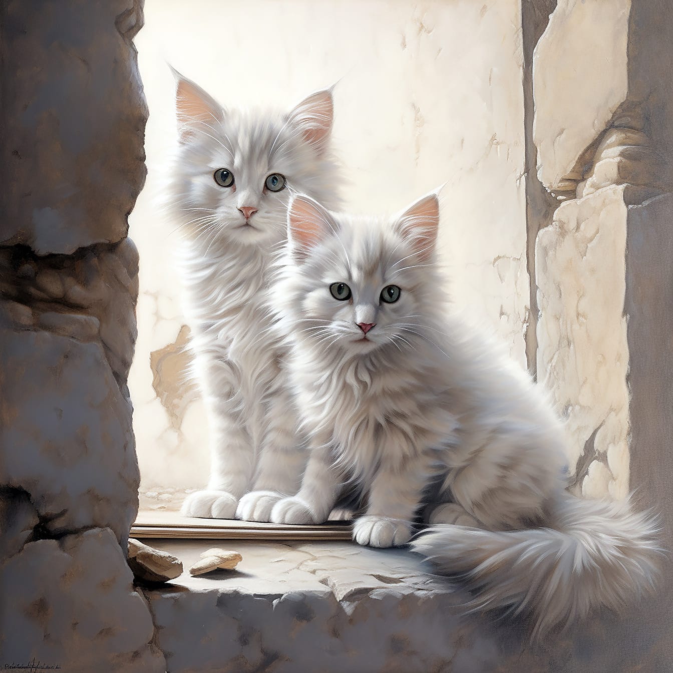 Realistinen fotomontaasi suloisista kissanpennuista lahoamisikkunassa