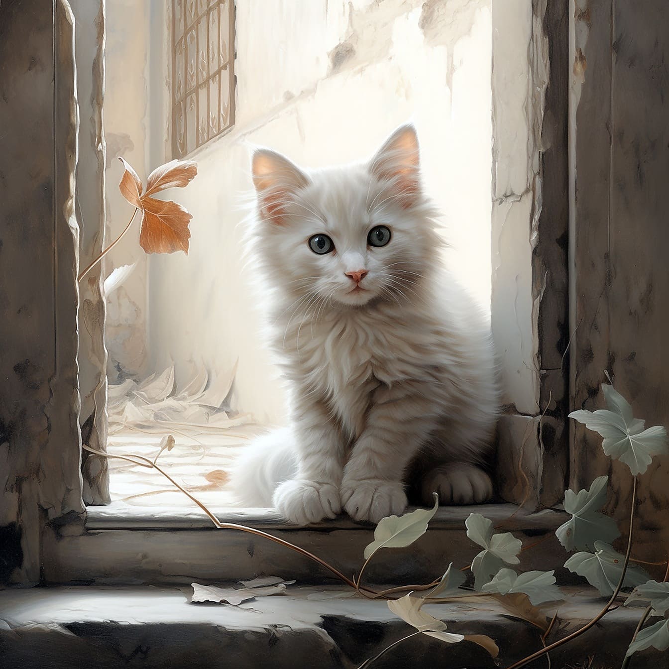 Ilustración de adorable gatito blanco peludo curioso