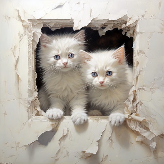 Adorabile pisici domestice albe cu blană, cu ochi albaștri strălucitori