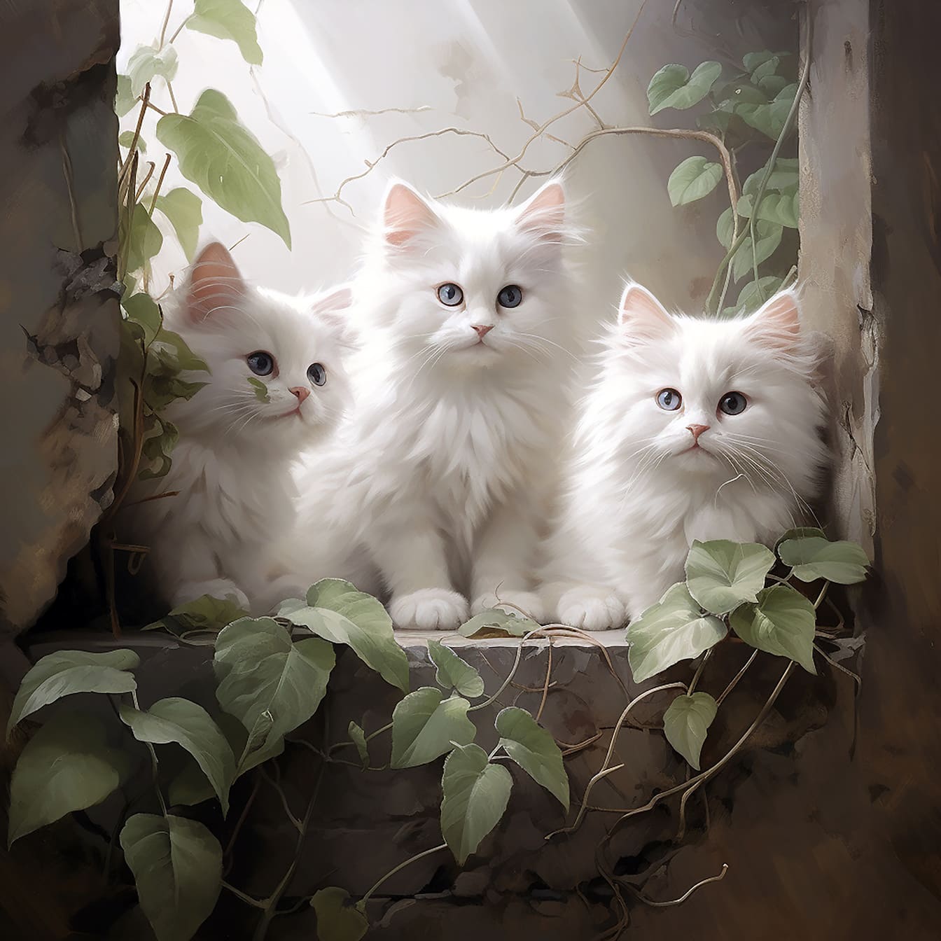 腐烂窗户上三只可爱的土耳其白色小猫