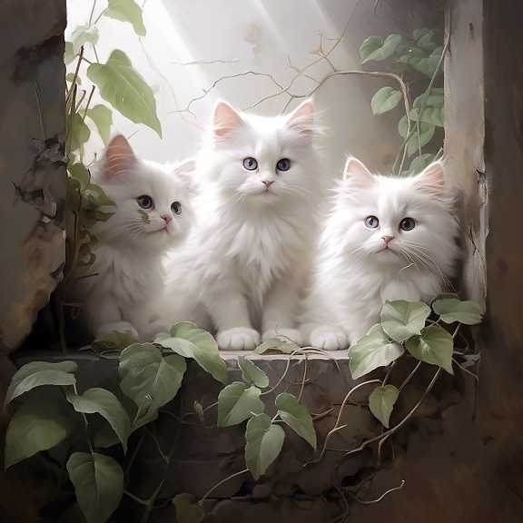 Três adoráveis gatinhos brancos turcos na janela de decadência