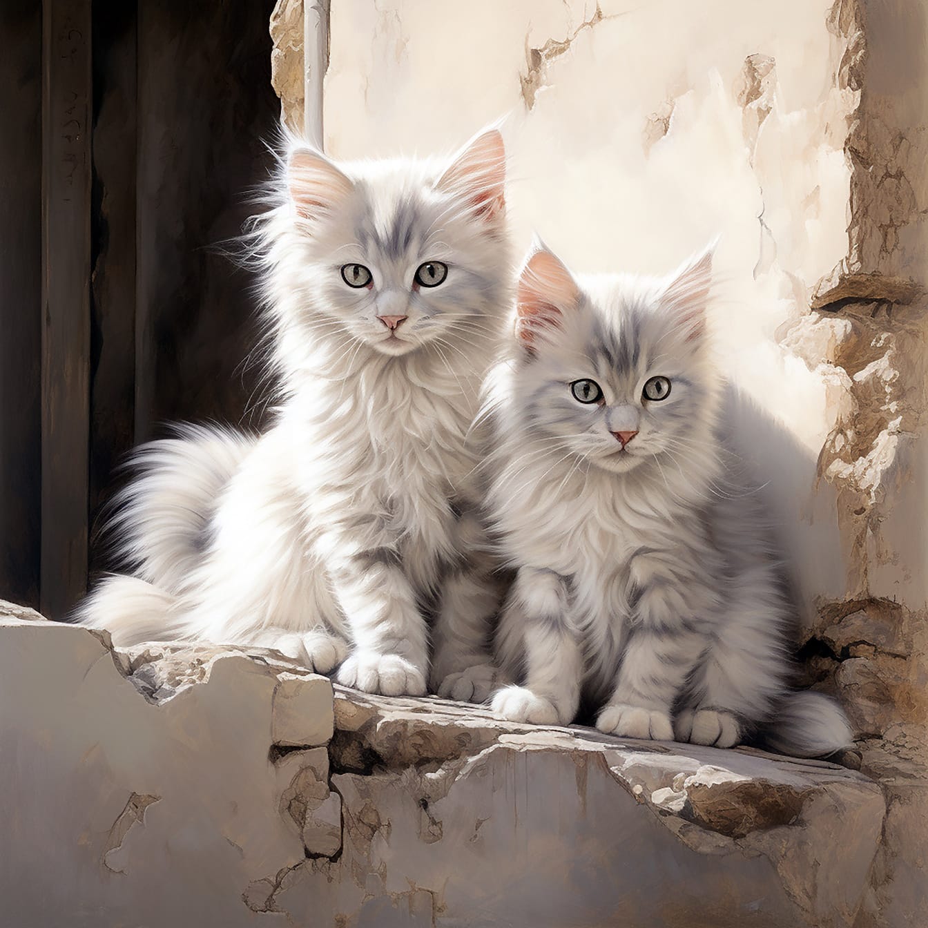 Γούνινα γκρίζα γατάκια κάθονται σε τοίχο αποσύνθεσης, ρεαλιστική απεικόνιση