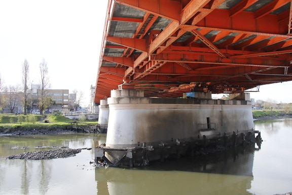 di bawah, merah tua, besi cor, jembatan, konstruksi, sungai, struktur