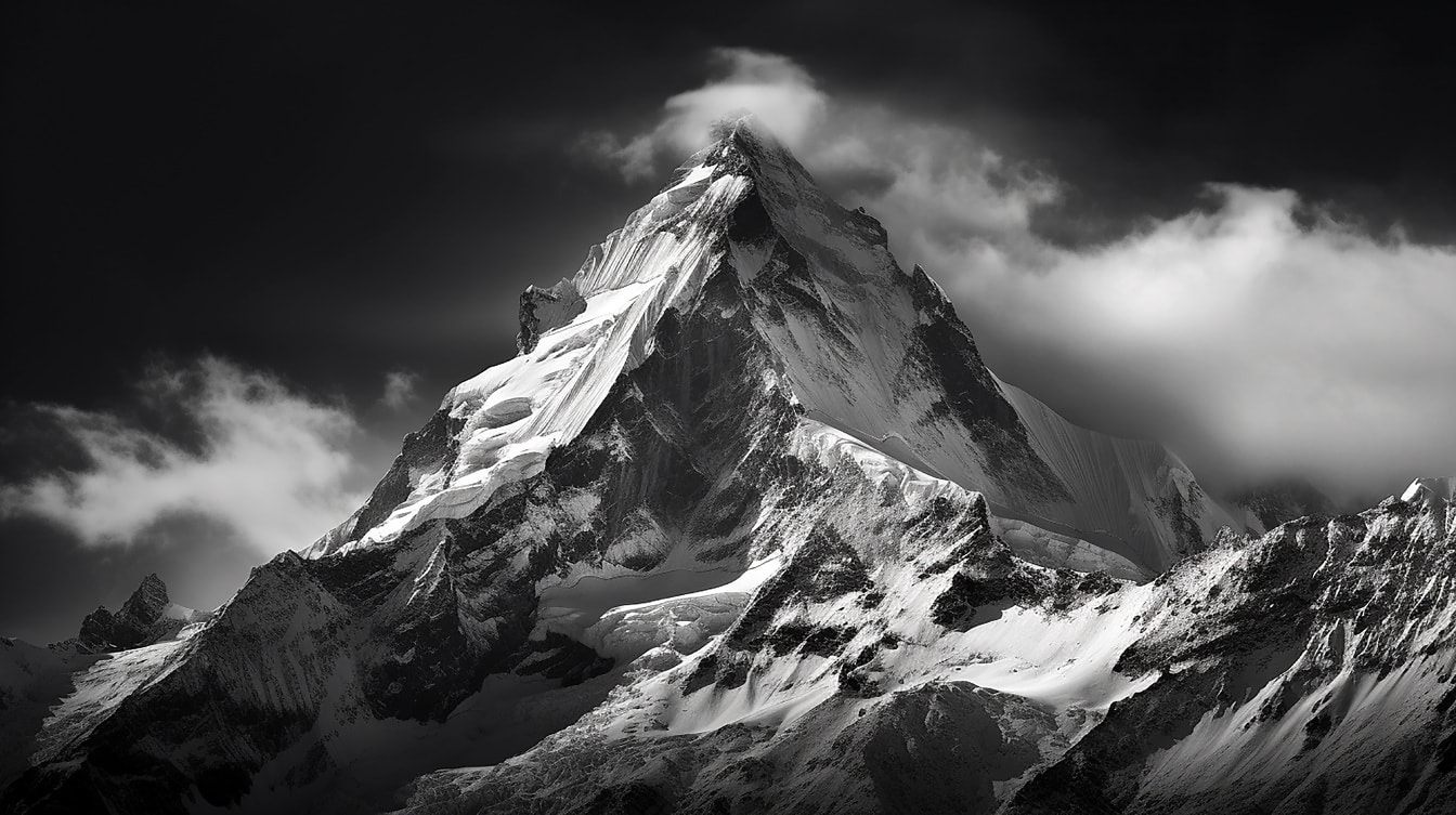 Монохромная пейзажная фотография горной вершины на фоне гор