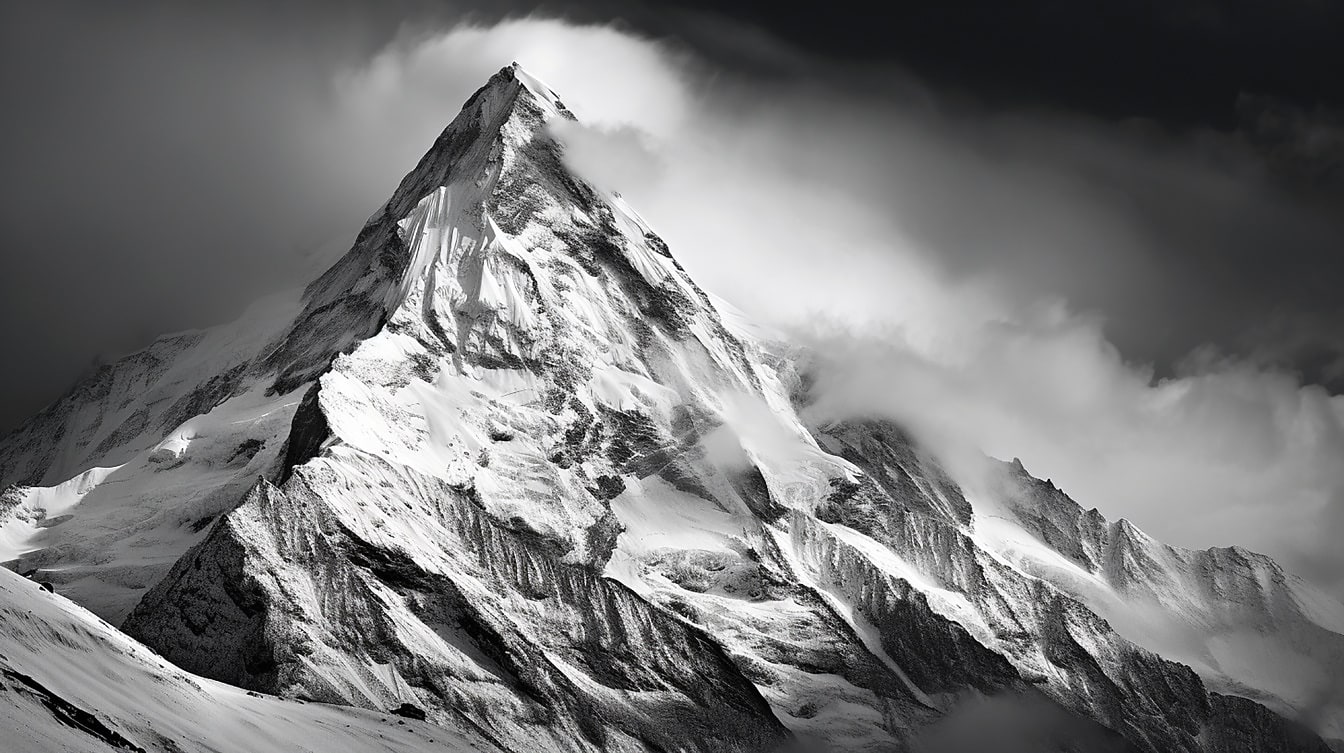 Zasnežený vrchol hory v bielych oblakoch, monochromatická fotografia
