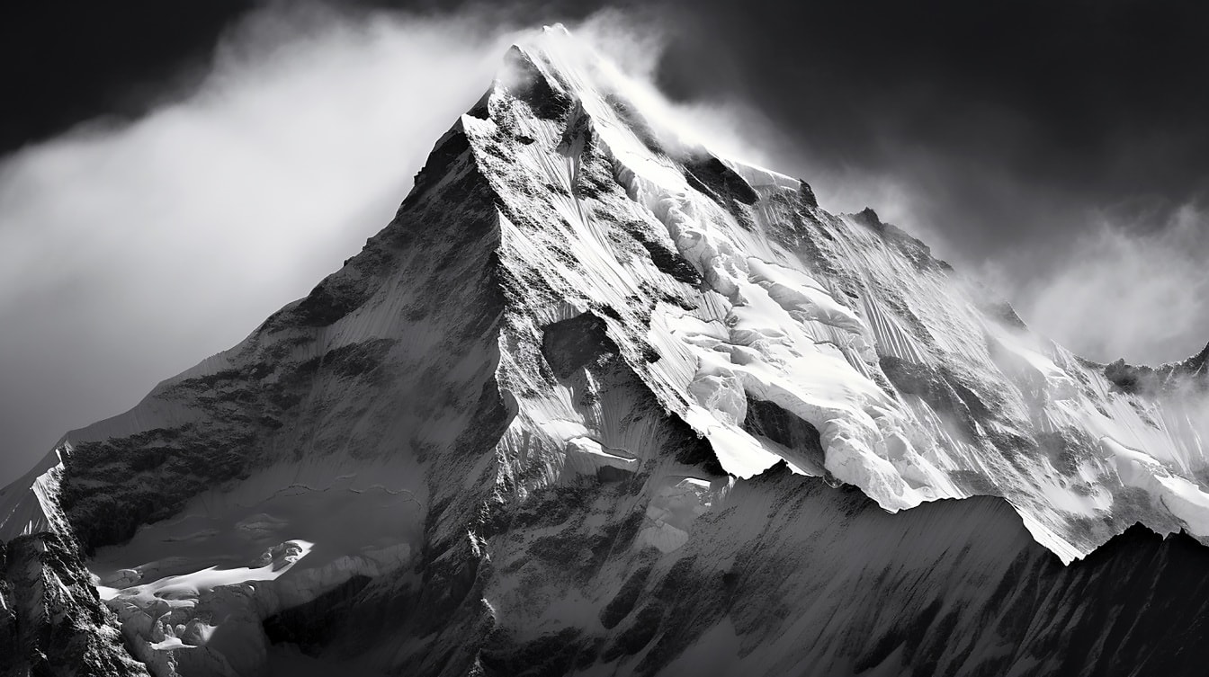 Zasněžený ledovec, vrchol hory, černobílá fotografie