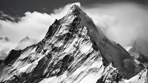 High mountain peak black and white winter landscape