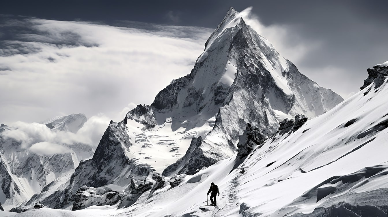 Esquiador escalando en el pico de la montaña congelada en la ladera nevada de la montaña