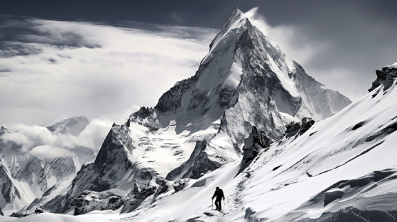 Skier climbing on frozen mountain peak in snowy mountainside