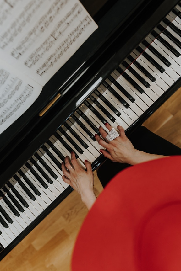 женщина, красный, шляпа, игра, инструмент, фортепиано, музыка