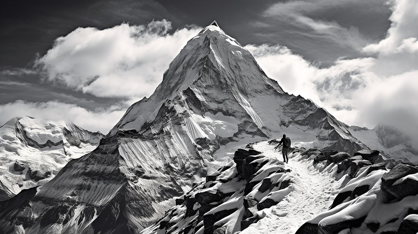 Monochrome photo of mountain climber on snowy mountain peak