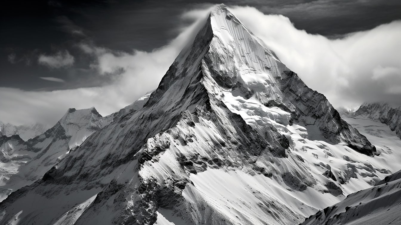 Велична засніжена гірська вершина в національному парку монохромне фото