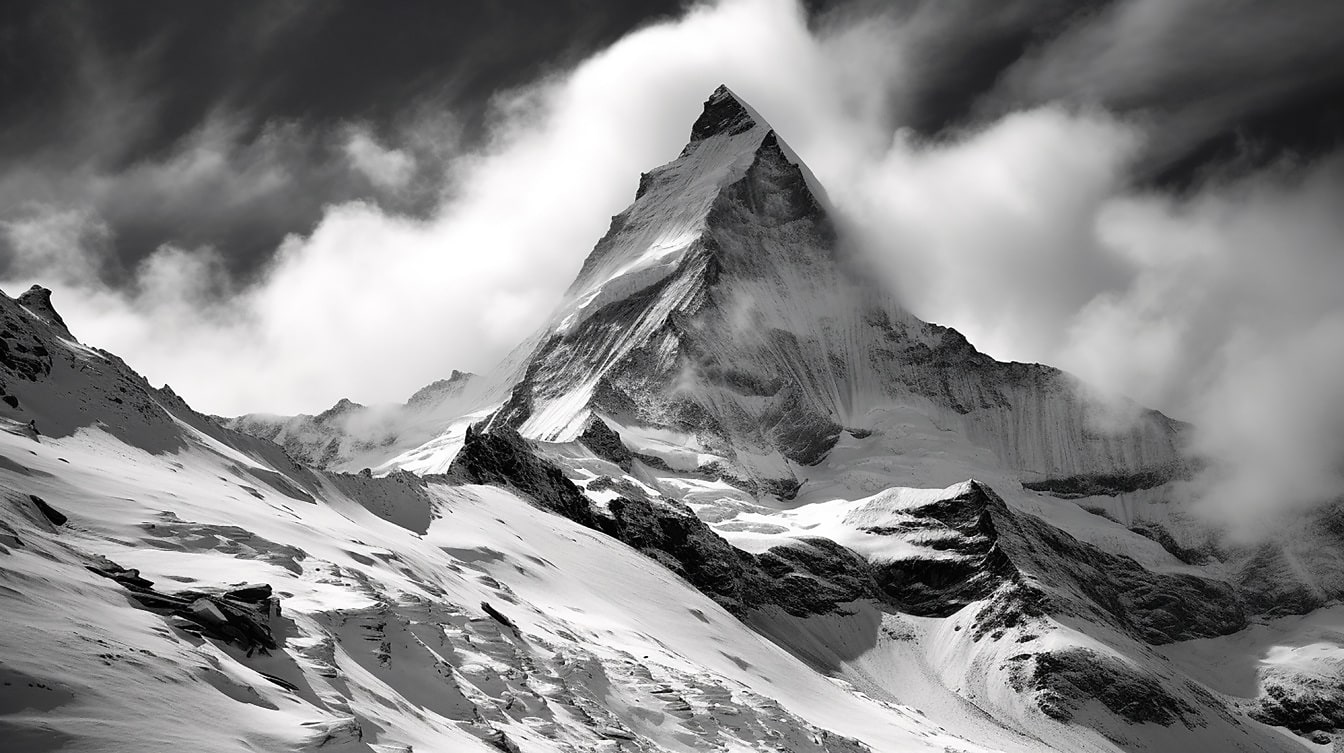 Černobílá fotografie krajiny na vrcholu hory