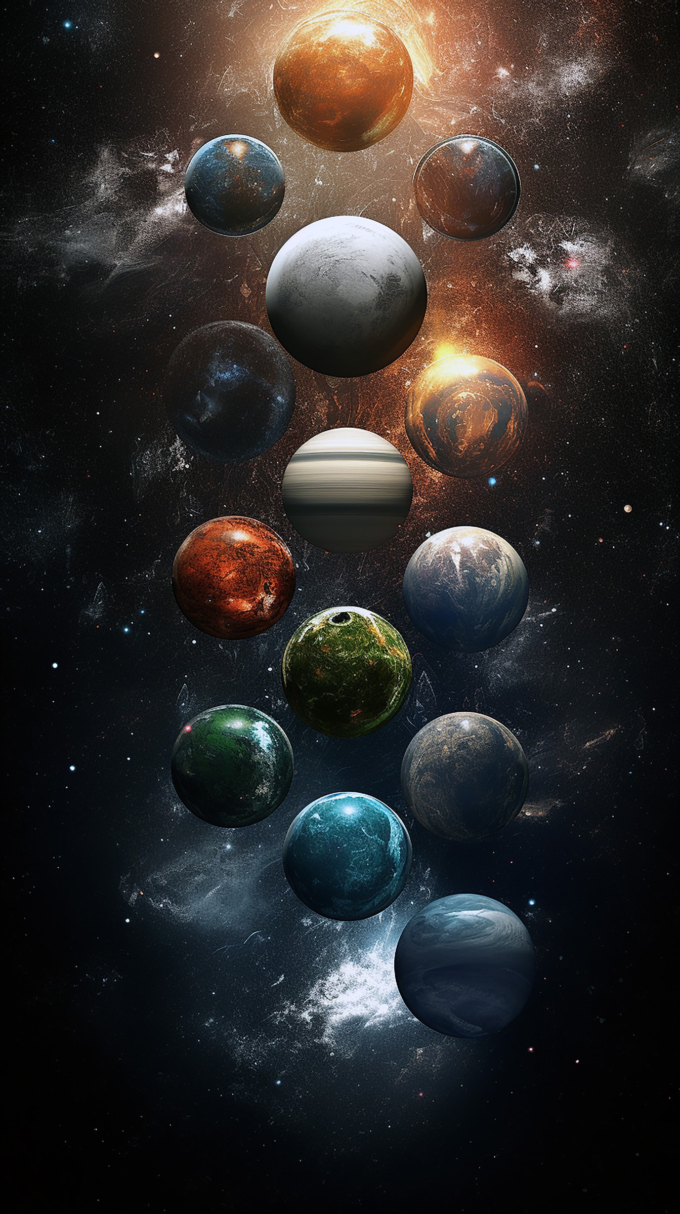Planete fantastice în galaxie Saturn, Pământ, Lună, fotomontaj