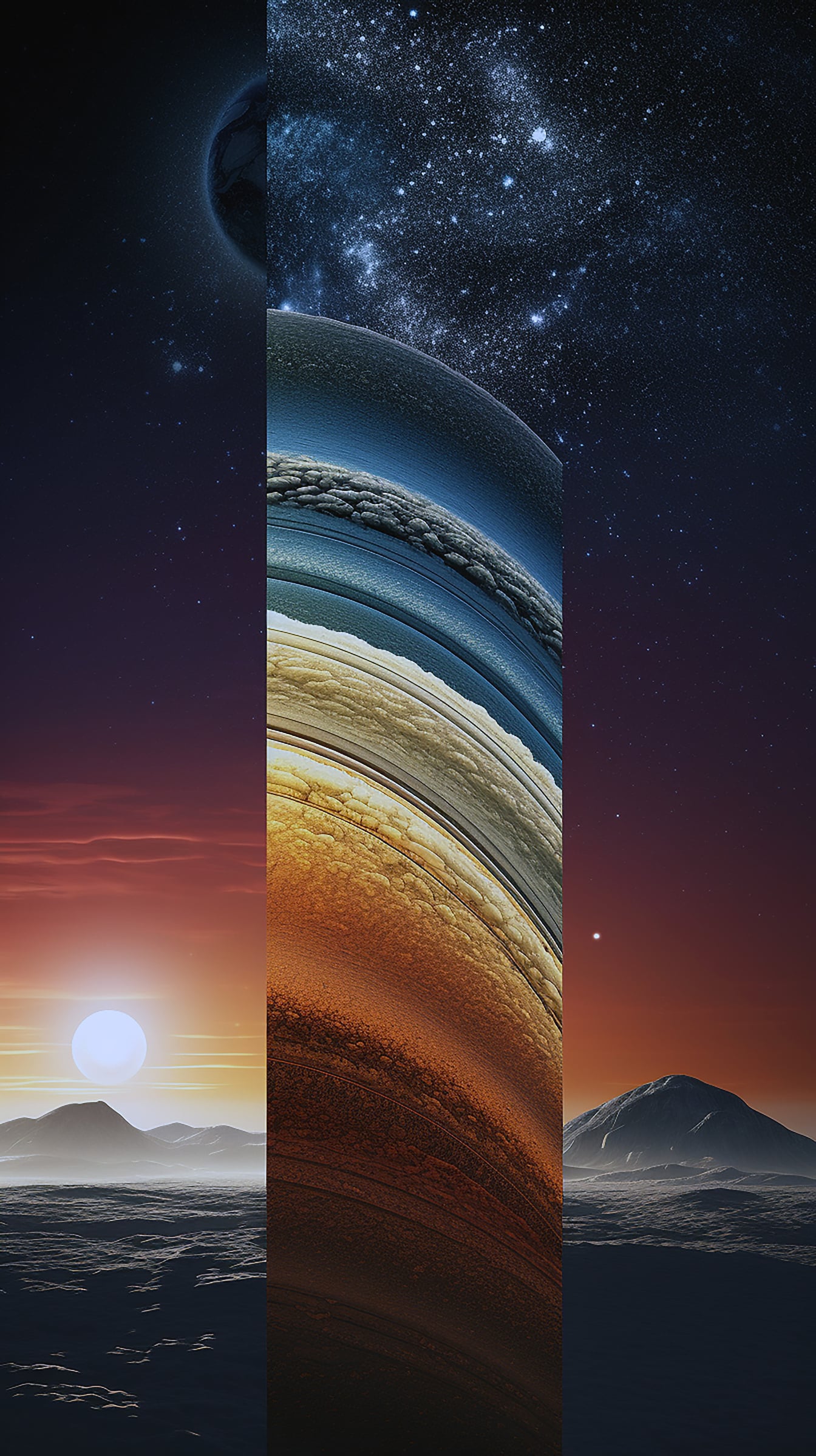Fotomontage Collage aus Landschaftsbildern des Universums