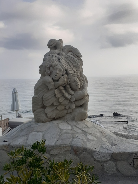 Stone sculpture on beachfront in Pefkohori Halkidiki Greece