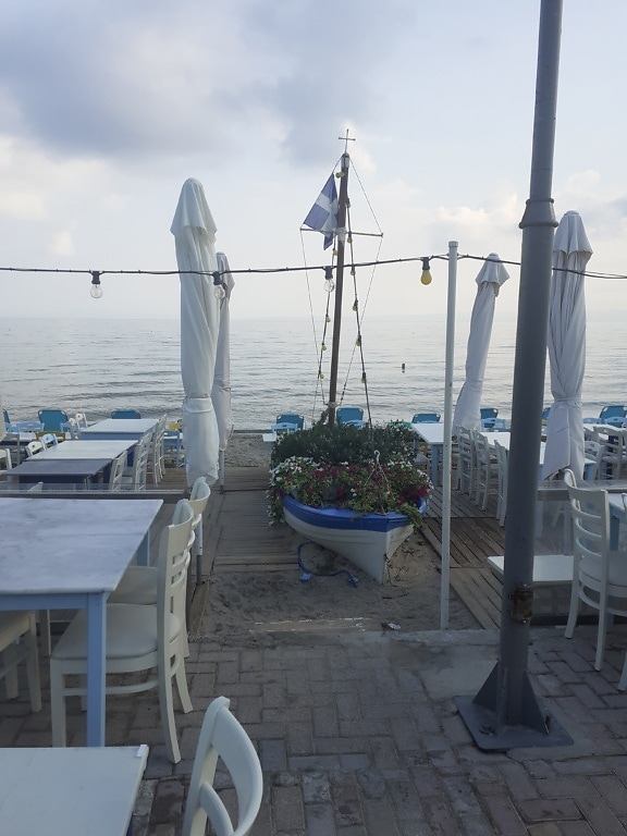 décoration, bateau, terrasse, en bord de mer, restaurant, arrangement, chaises