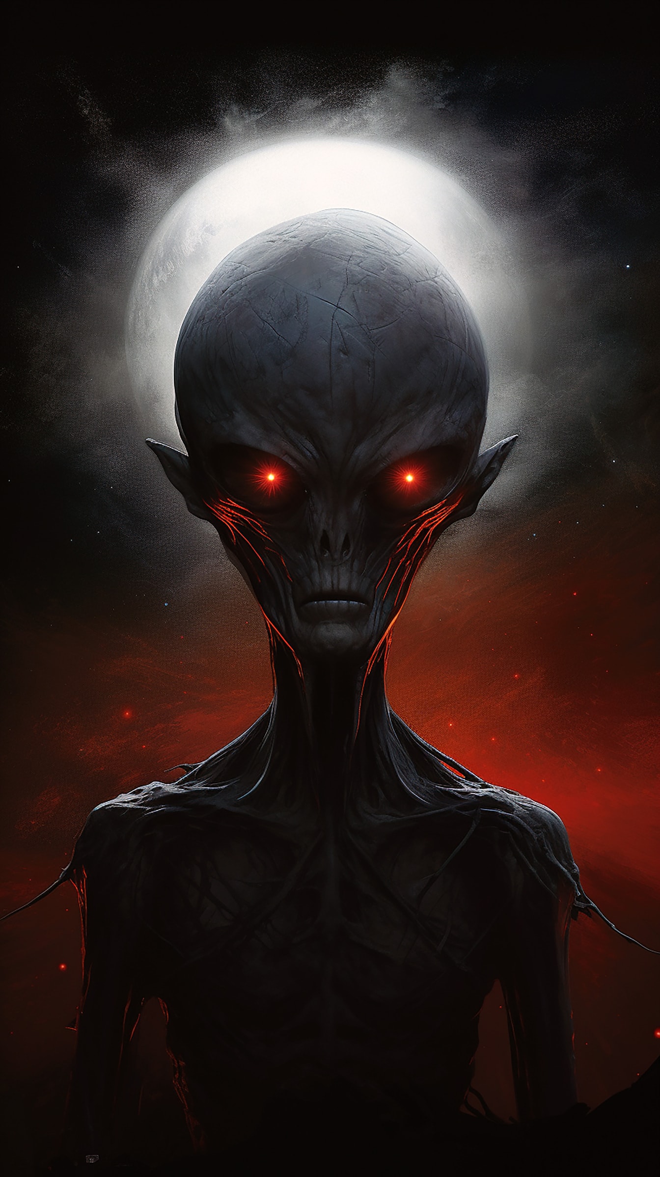 Hororový portrét mimozemšťana s tmavě červenýma očima a štíhlým tělem