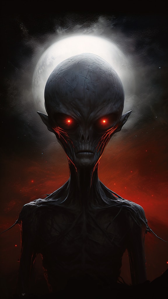 Horror portrait of alien with dark red eyes and slim body