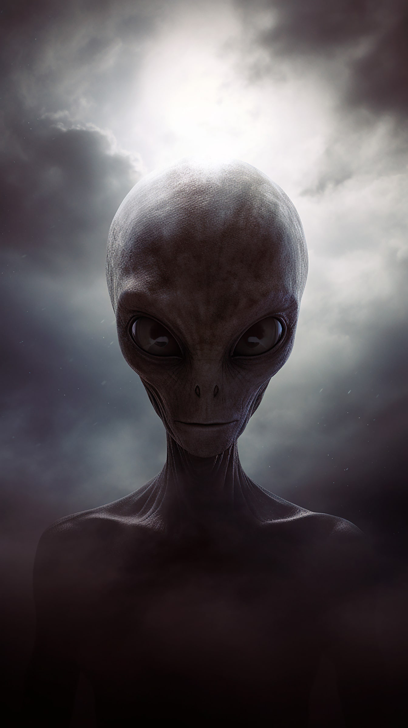 Humanoid alien creature portrait with grey skin and eyes