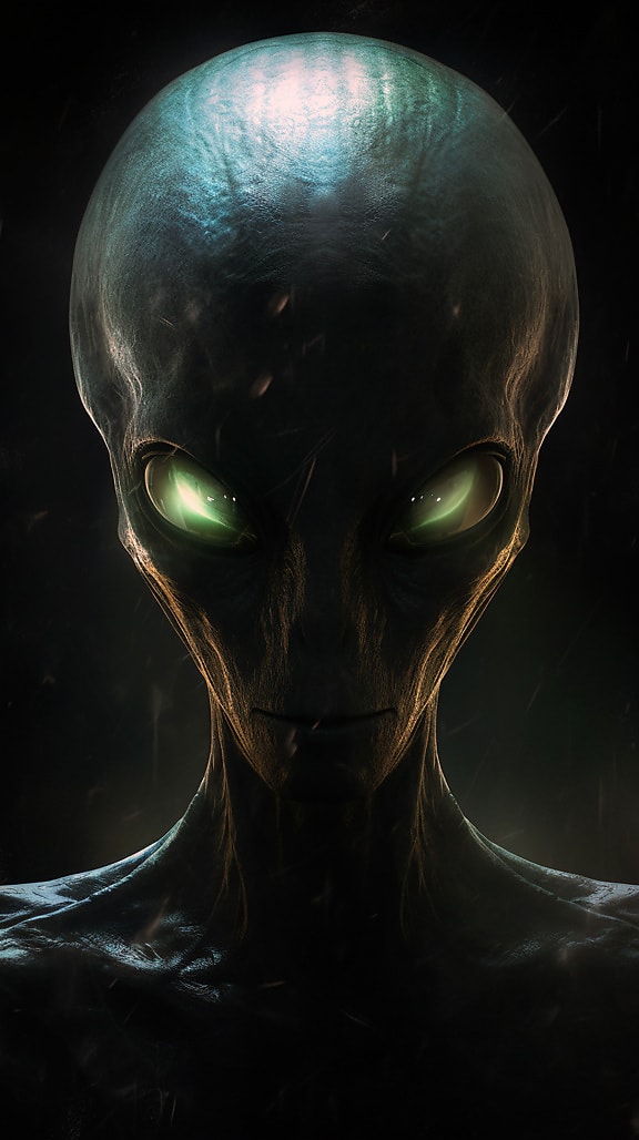 Close-up portrait of dark green alien creature with green light eyes