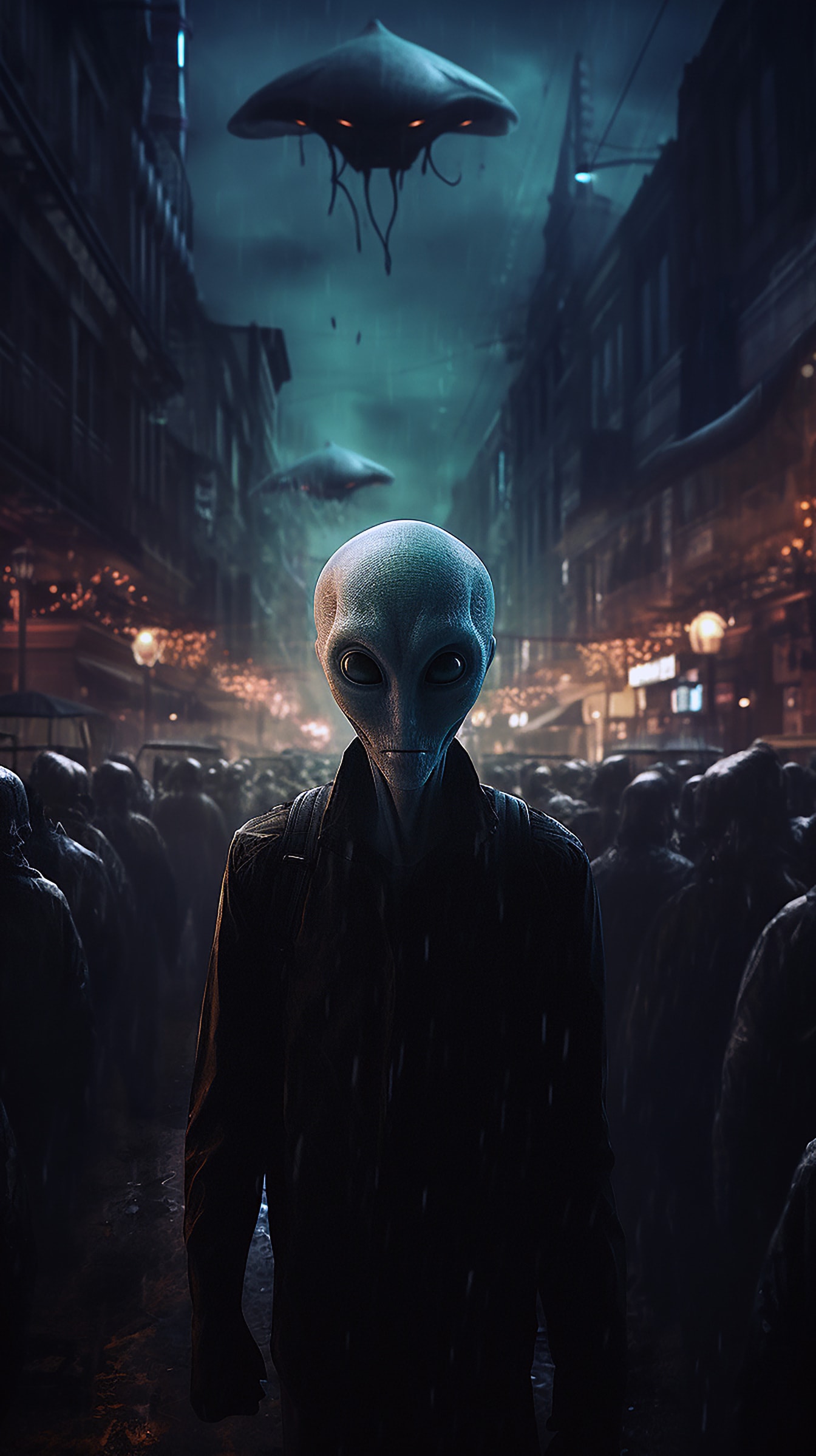 Хуманоидно извънземно на улицата през нощта фентъзи илюстрация на ужасите