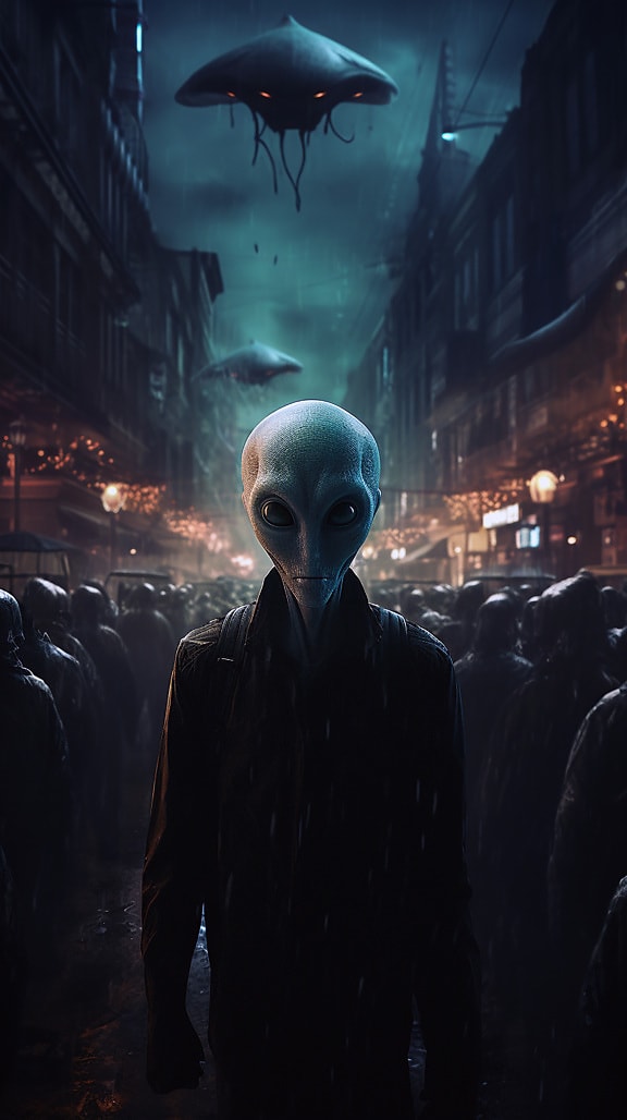 Alien humanoïde dans la rue la nuit illustration d’horreur fantastique