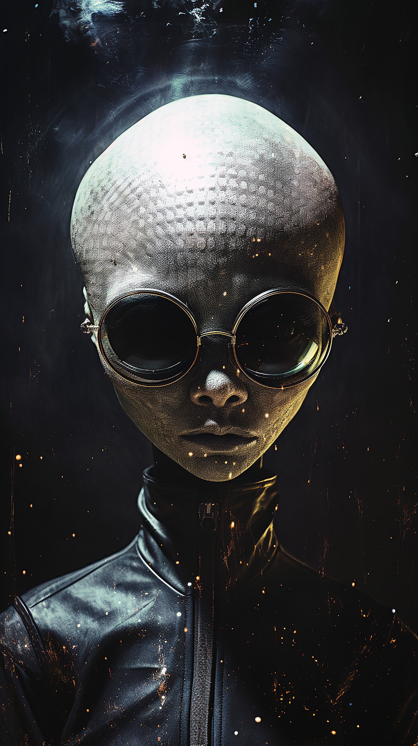 Humanoides Alien-Porträt mit schwarzer Brille und Lederjacke