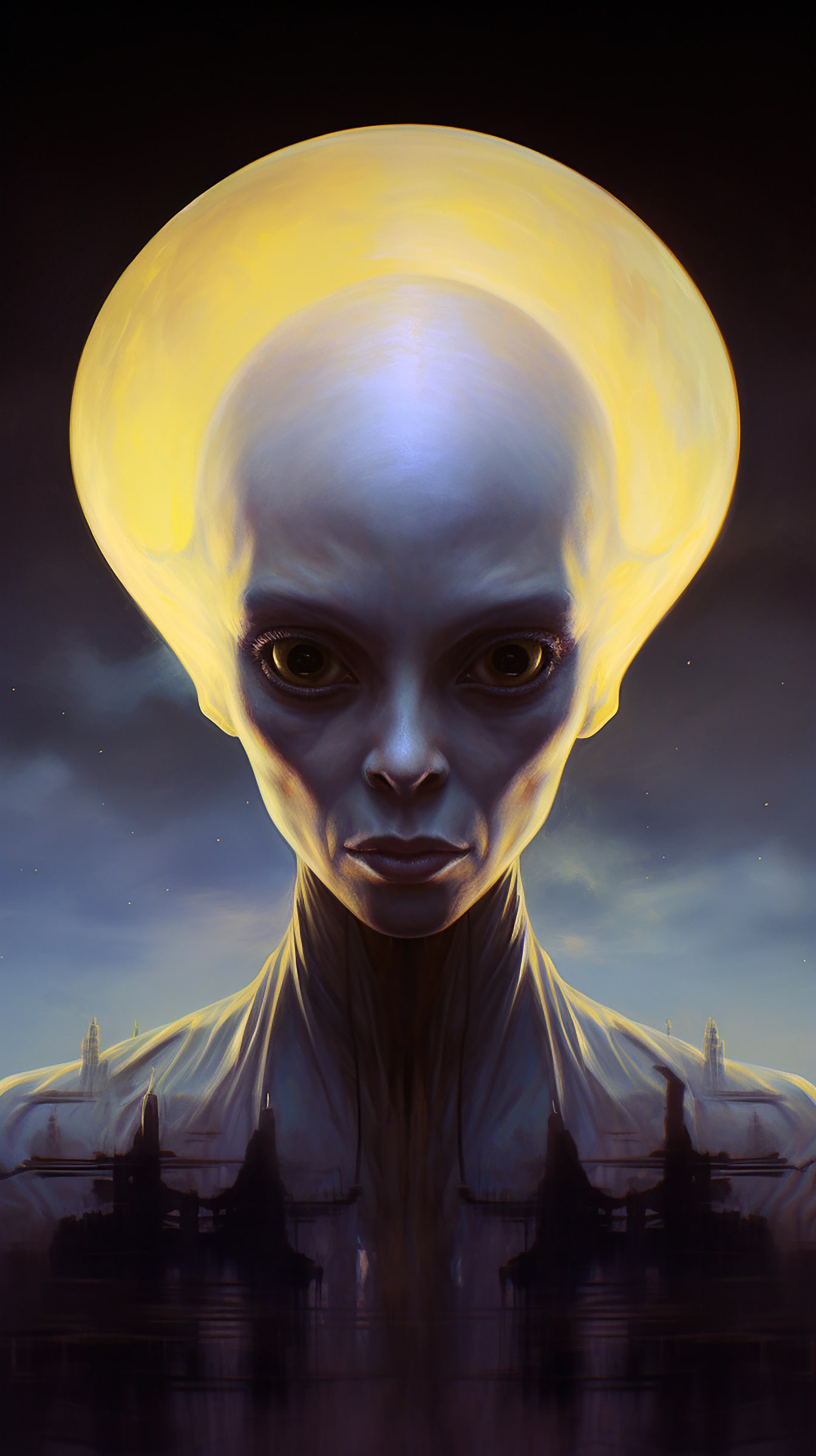 Portrét humanoidního mimozemského tvora s velkou hlavou