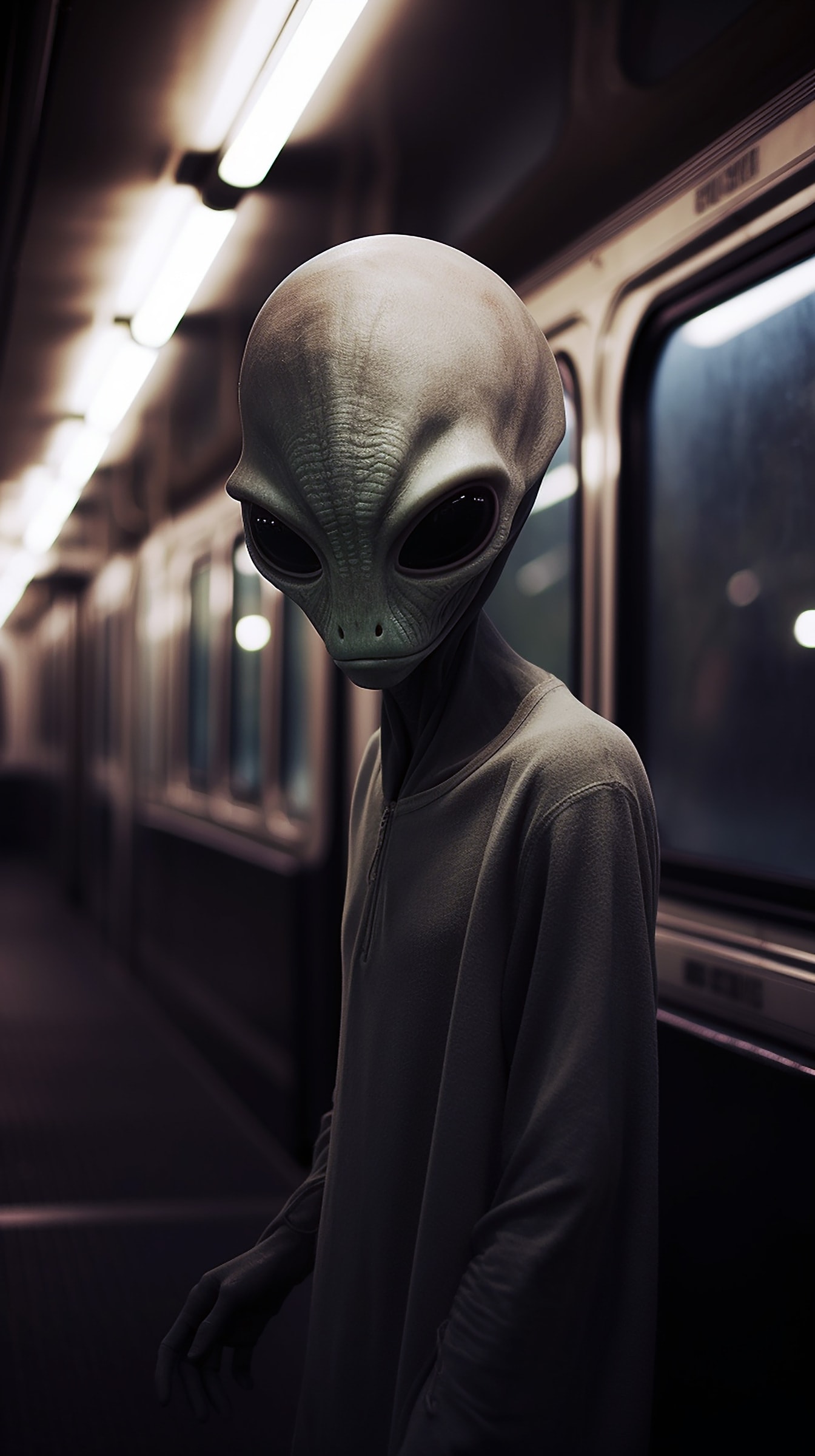 Creatura extraterestră cu ochi mari în tren într-o stație de metrou