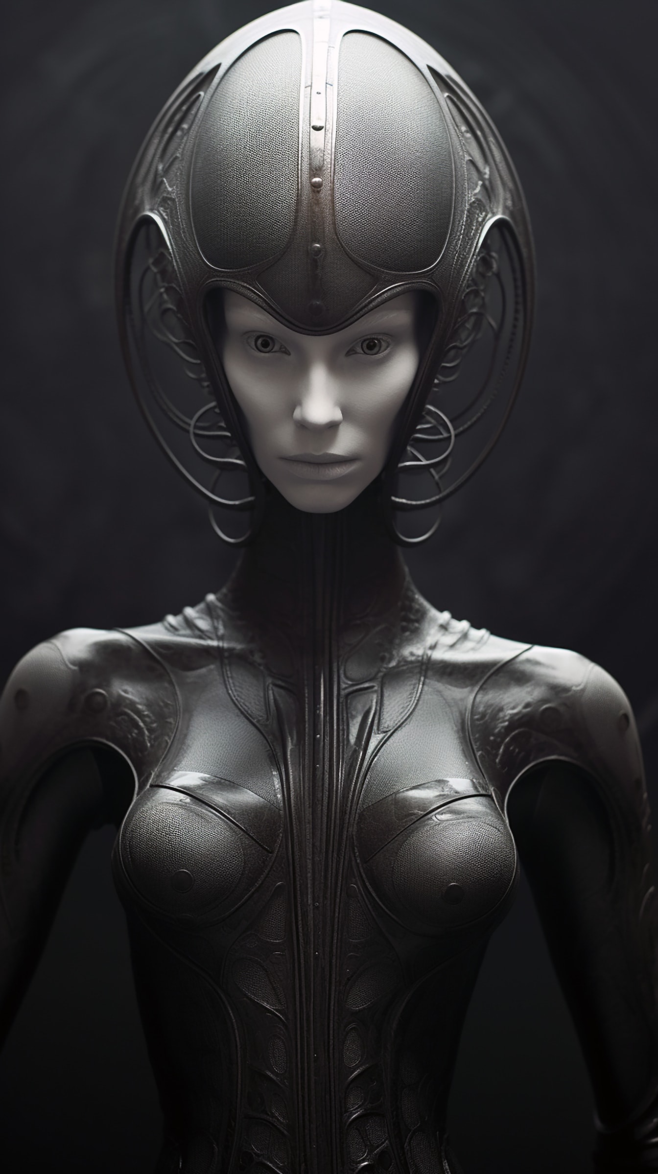 Приказен извънземен портрет на принцеса със сив шлем