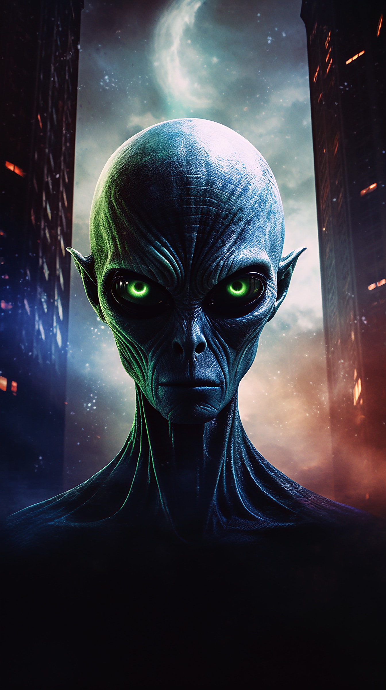 Porträt einer außerirdischen Kreatur mit dunkelgrünen Augen