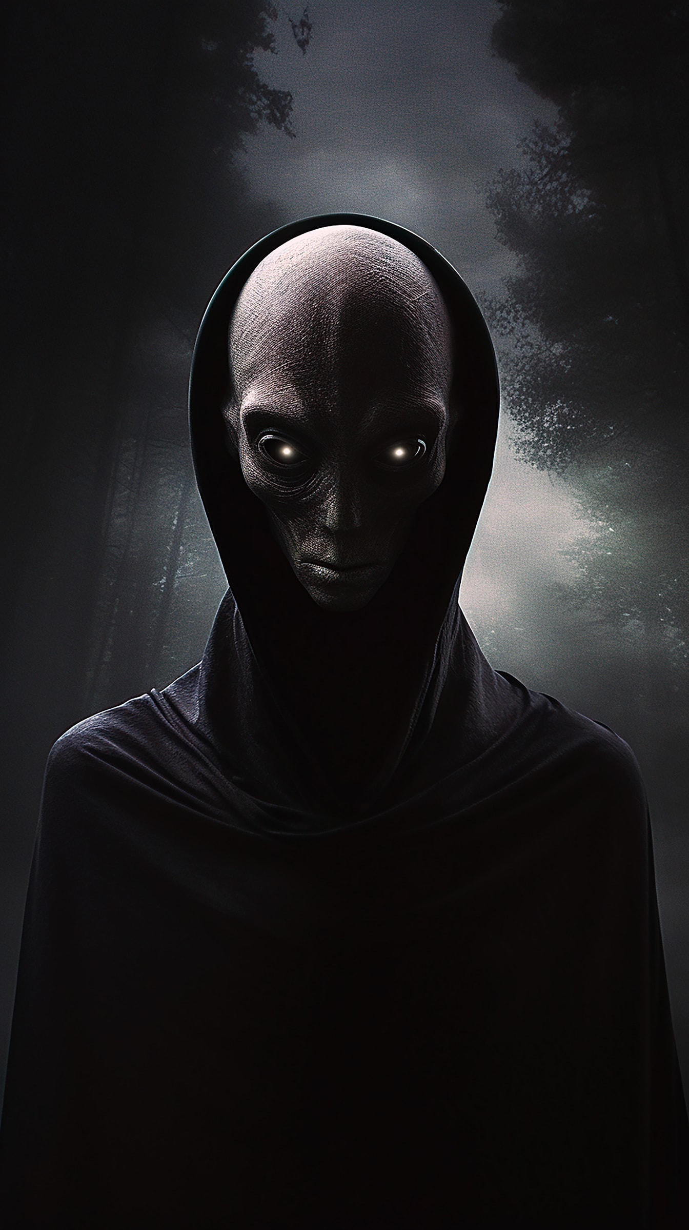 Fotomontáž sivého mimozemšťana s kapucňou na hlave