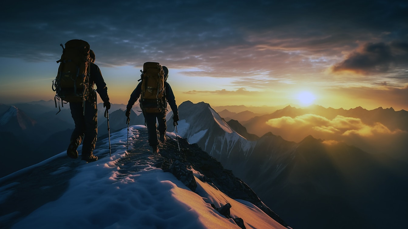 Majestätisk solnedgång med extrema bergsklättrare på toppen