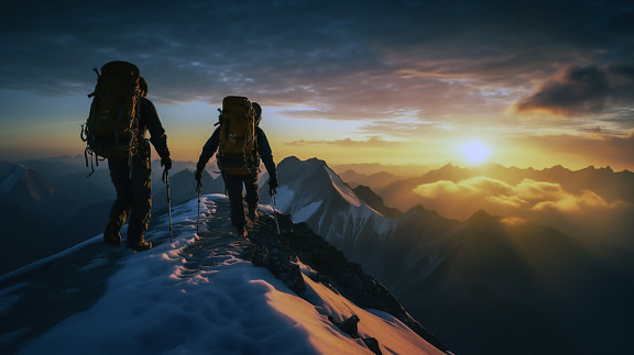 Pôr do sol majestoso com alpinistas extremos no pico