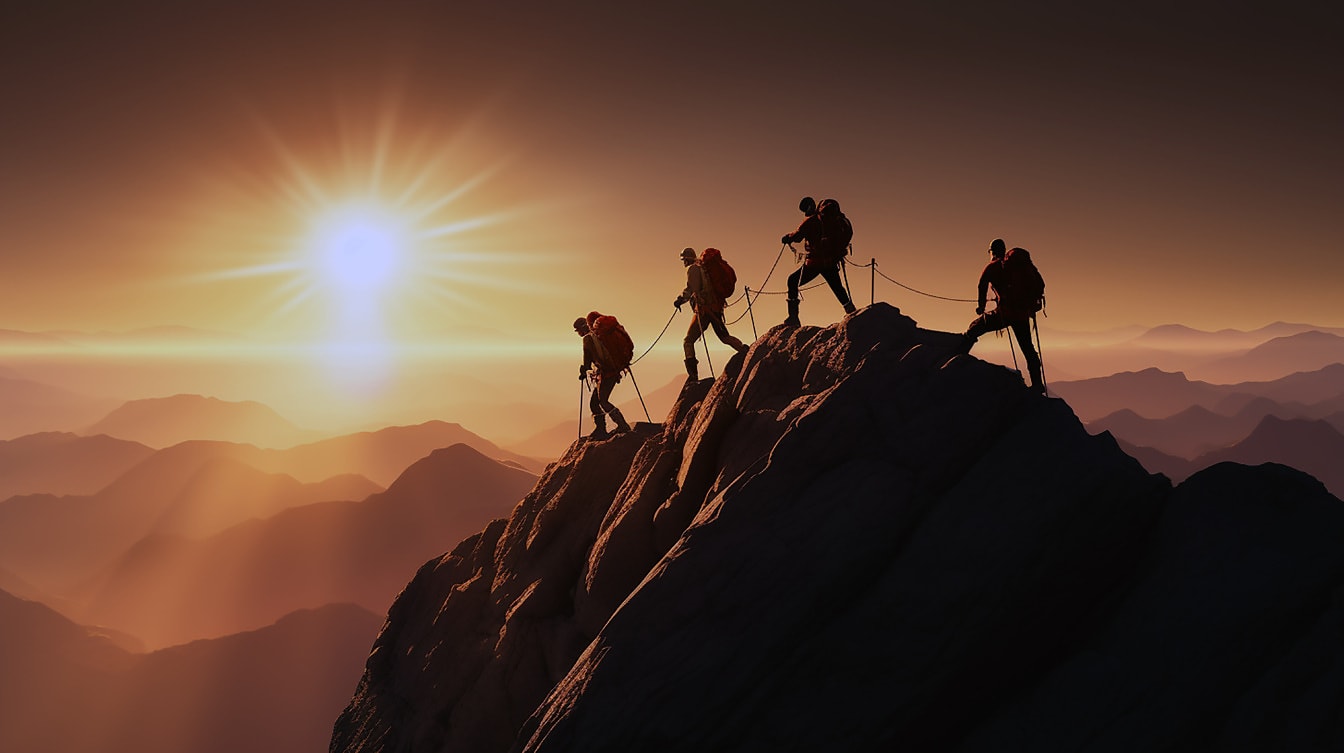 Ekstrem bjergbestigning på toppen af toppen i solnedgang