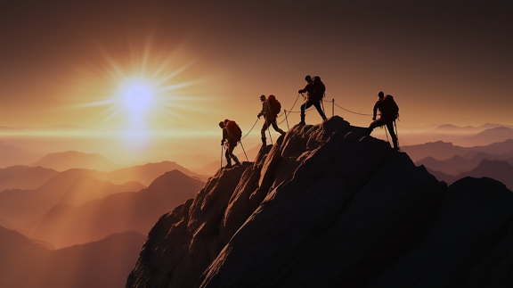 Extreme mountain climbing on top of peak in sunset