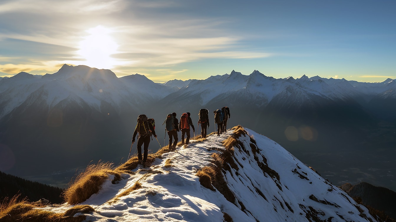 Horolezci lezou na vrchol zasněžené hory při východu slunce