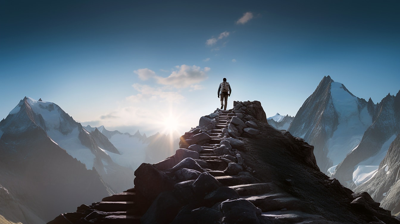 Ορειβάτης που ανεβαίνει σε σκάλες στην κορυφή του βουνού