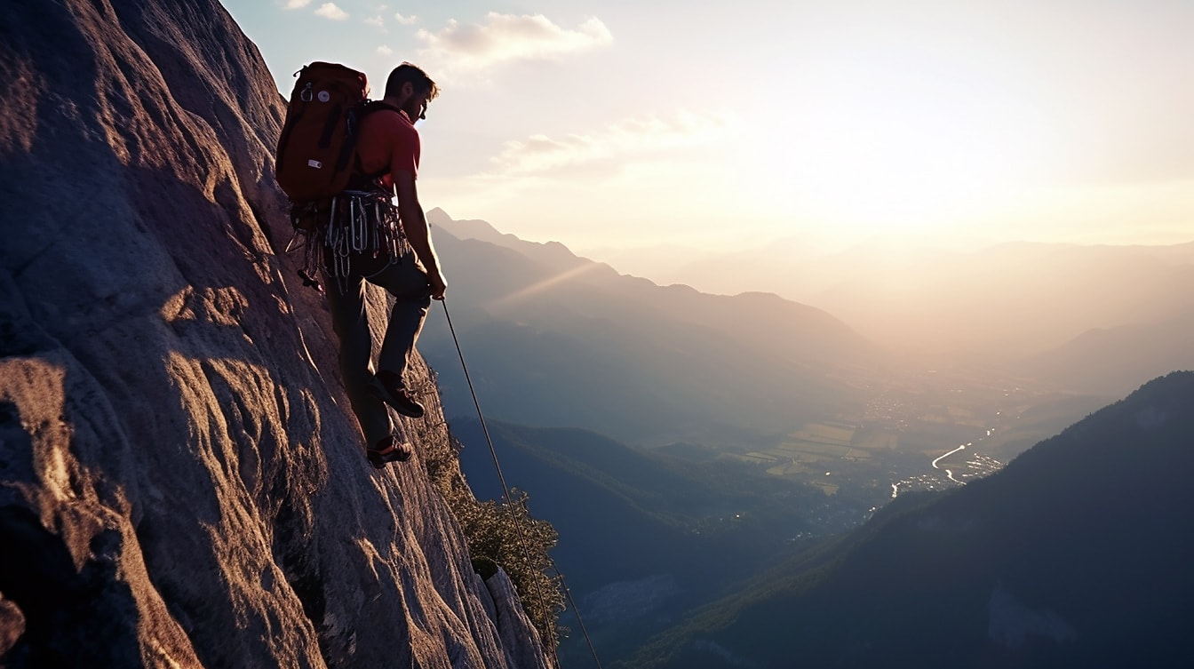 Extrem bergsklättrare man som hänger på klippan
