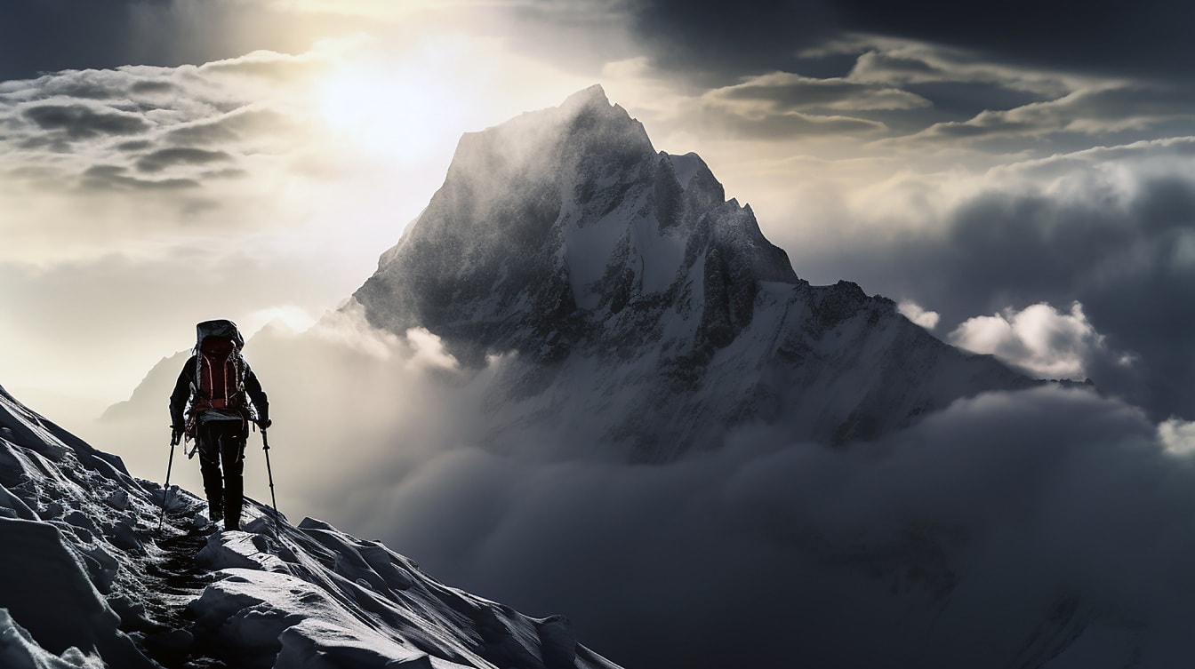 Extrémní horolezec v dobrodružství na vrcholu hory