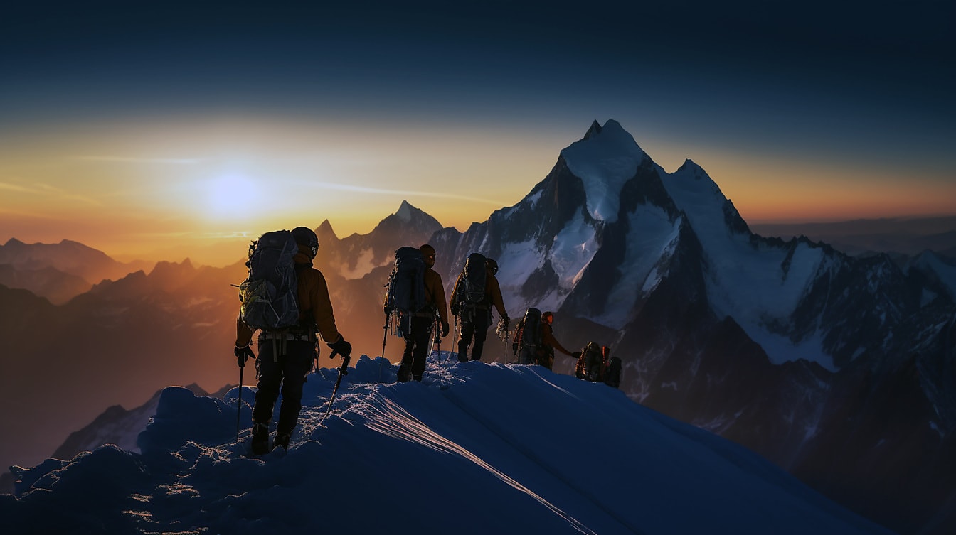 Mountain climbers at top of mountain in sunset
