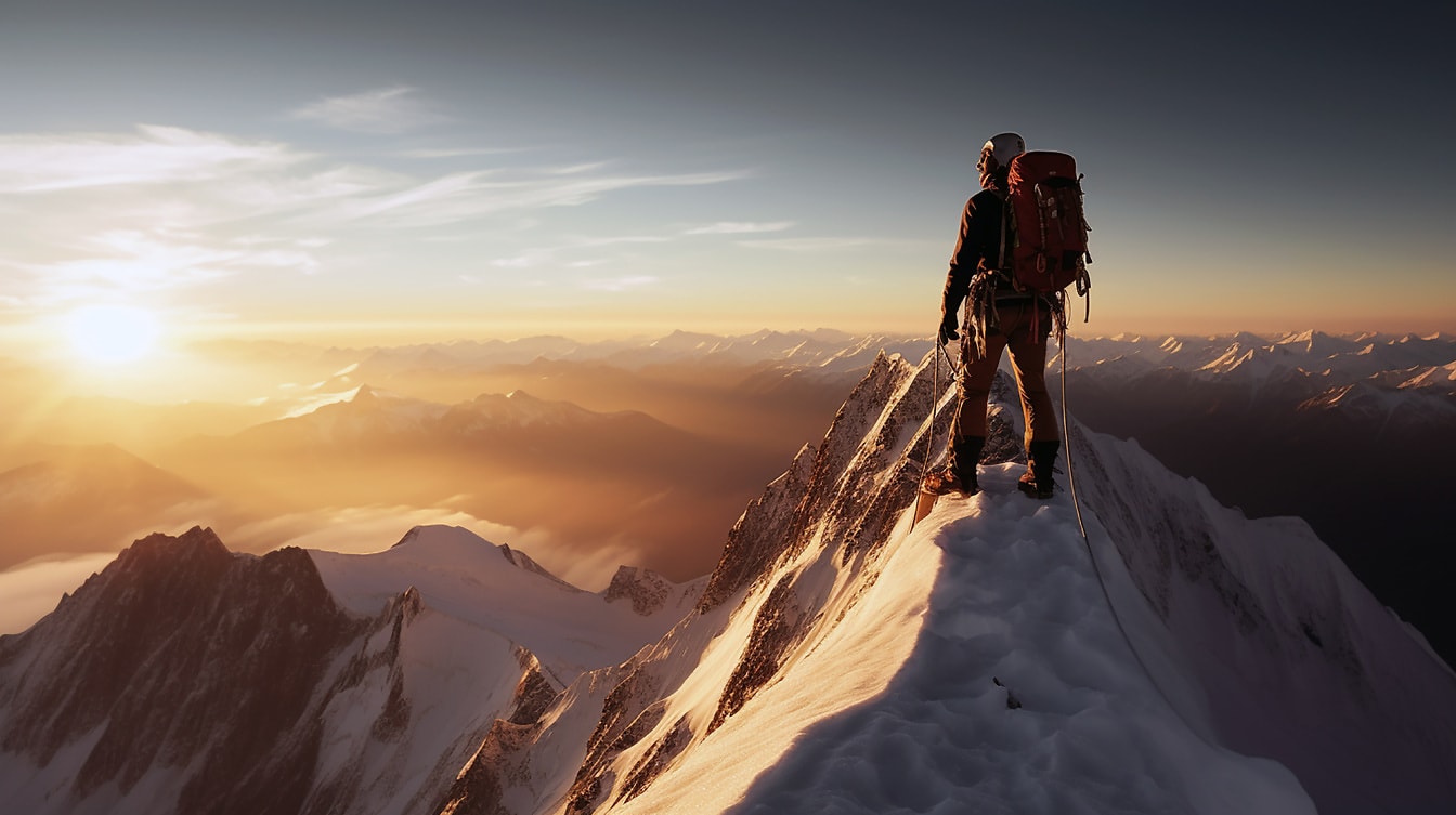 Екстремальний альпініст у пригодах на засніженій гірській вершині