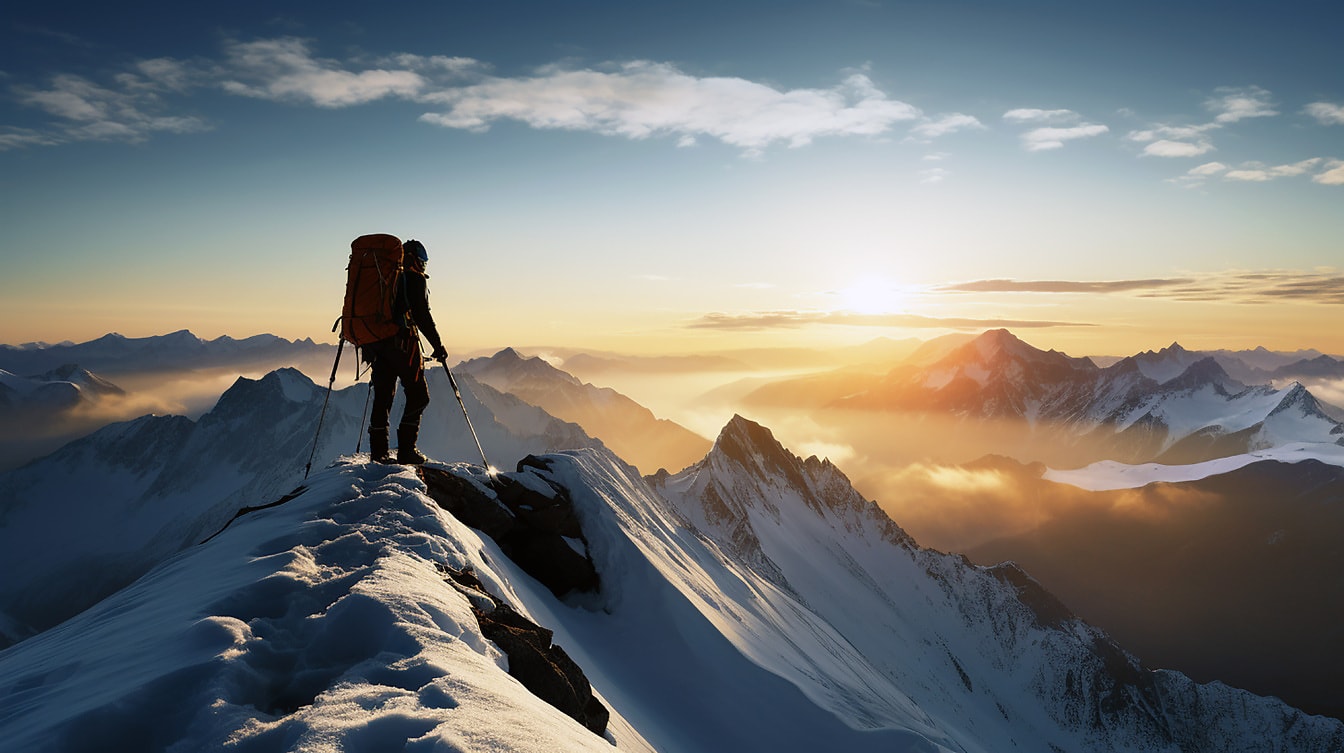 Extrémny horolezec na vrchole hory pri západe slnka