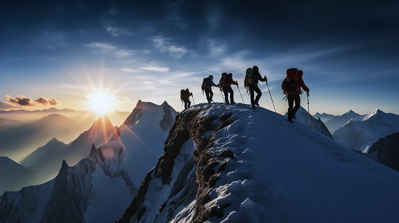 Ομάδα ορειβατών που σκαρφαλώνουν σε χιονισμένη βουνοκορφή
