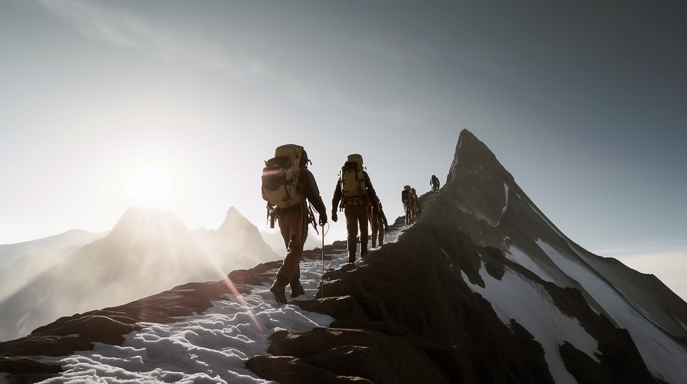 Група екстремни алпийски алпинисти, катерене на върха на планината