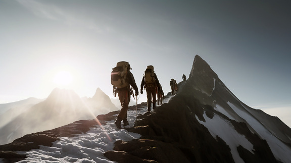 Group extreme alpine mountain climbers climbing at top of mountain