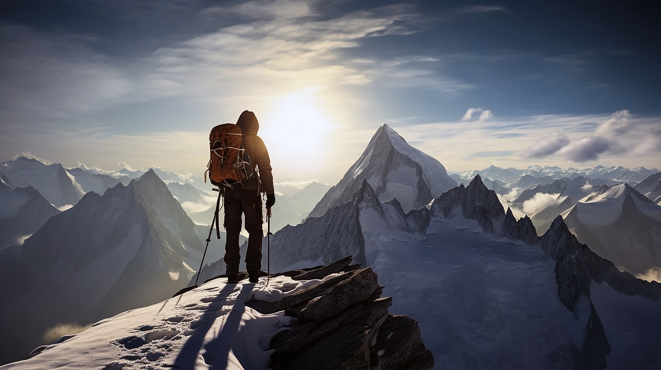 Alpinist backpacker în vârful vârfului înzăpezit