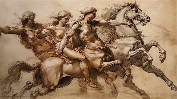 ženy, tři, koně, ilustrace, výtvarné umění, umění, kresba